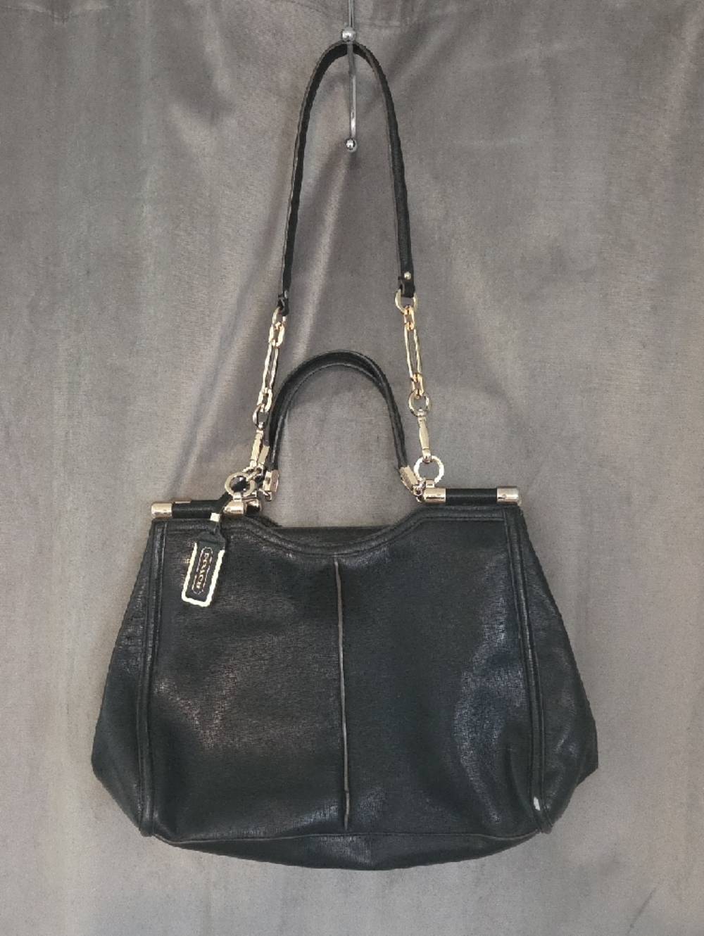 Vintage Coach Black Leather Satchel with Silver Chain Accents - Picture 2 of 13